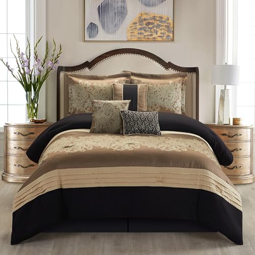 Stratford Park Black/Gold Comforter Set Queen Size, 7 Piece, Bedding Comforters & Sets, Pillow Shams Bedskirt, Jacquard Bedding Set, All Season