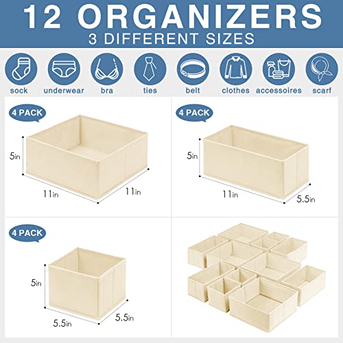 Criusia Drawer Organizer Clothes 12 Pack, Dresser Organizer for Nursery Bedroom Closet Organization and Storage - Baby Clothes Organizer Bins - Drawer Divider for Sock Underwear Bra Ties (Beige)