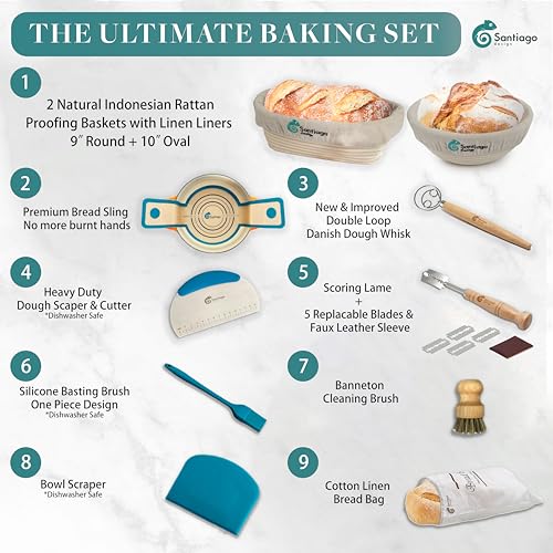 Banneton Bread Proofing Basket Set, 9 Inch Round & 10 Inch Oval Banneton Basket & Sourdough Bread Baking Supplies, with Danish Dough Whisk, Silicone Bread Sling, Linen Liner, Bread Lame, Bowl Scraper