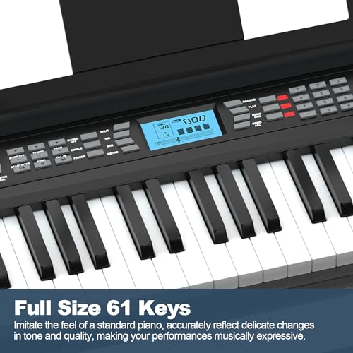 61 Key Keyboard Piano, Portable Electric Piano Keyboard w/LCD Screen, Built-In Speakers, Headphones, Stand, Stool, Music Rest, Microphone, 300 Timbres, 300 Rhythms, Ideal for Beginner Adult