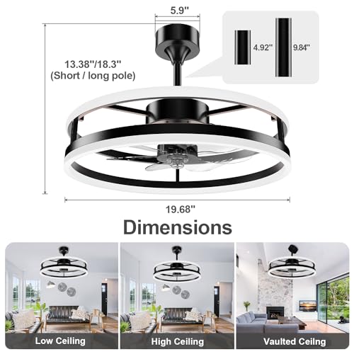 STROLITE Fandelier Ceiling Fans with Lights and Remote, 19.7inch Modern Bedroom Ceiling Fan(6 Speed&Timing), 3000K-6000K Dimmable LED Light, Smart Ceiling Fan with Light for Kitchen (Black)