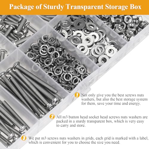 546 Pieces M3 Screws Nuts Washers Set, Sutemribor M3 x 6/8/12/16/20/25/30mm Button Head Socket Cap Screws Nuts Washers Assortment Kit, 304 Stainless Steel, Fully Threaded