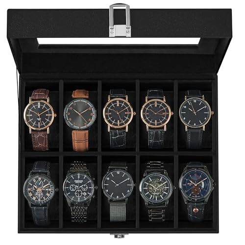 SONGMICS Watch Box, 10-Slot Watch Case with Large Glass Lid, Removable Watch Pillows, Watch Box Organizer, Gift for Loved Ones, Black Synthetic Leather, Black Lining UJWB010B02