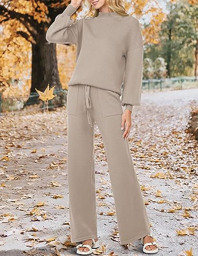 ZESICA Women's 2 Piece Outfits Sweater Set Long Sleeve Mock Neck Knit Pullover and Wide Leg Pants Lounge Sets Sweatsuit,Dim,Small