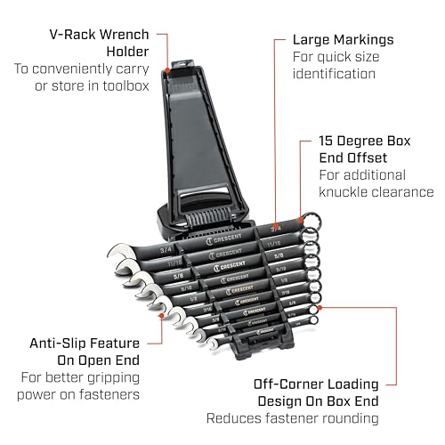 Crescent 9 Piece X10 12 Point Long Pattern Combination SAE Wrench Set - CCWS9BS