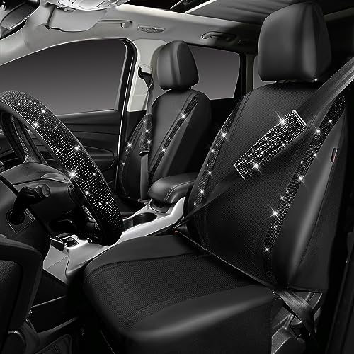 CAR PASS 11 PCS Bling Car Accessories Set for Women, Sparkly Rhinestone Diamond Steering Wheel Cover, Bling Seat Belt Cushion, Shift Knob Cover, Push Start Button Ring, Car Cup Holder Coaster, Pink