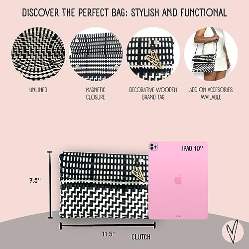 MARIA VICTORIA Handwoven Plastic Mexican Clutch For Women, Water Resistance, Perfect For Summer, Travel, Indoor And Outdoor Activities, Magpie BW