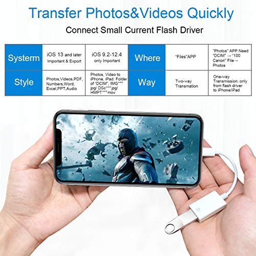 Lightning to USB Camera Adapter Lightning Female OTG Cable Adapter for Select iPhone,iPad Models Support Connect Camera, Card Reader, USB Flash Drive, MIDI Keyboard, White