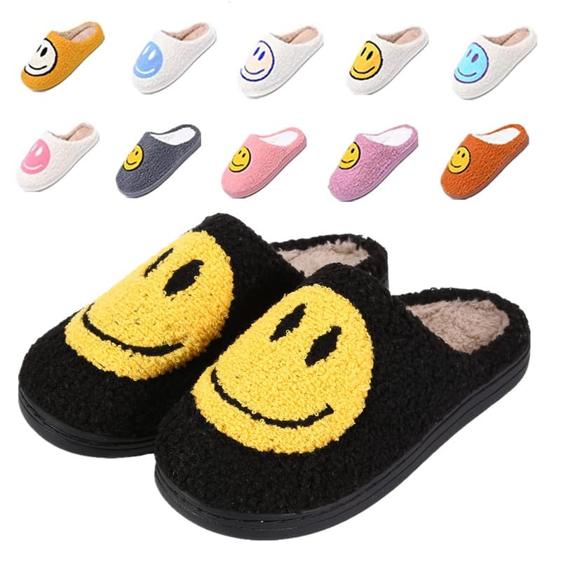 rosyclo Smile Face Slippers, Women's Retro Soft Cute Indoor Outdoor Happy Face Shoes, Cozy Trendy Plush Comfy Warm Fluffy Slip-on Home Slipper for Women Men