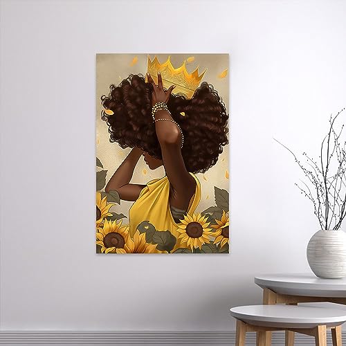 QIXIANG African American Canvas Wall Art Black Queen Portrait Posters Yellow Sunflower Girl Painting Prints Artwork for Bedroom Decor (11.00" x14.00", Queen)