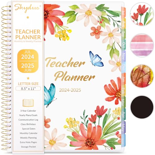 Skydue Teacher Planner 2024-2025 Academic Year, Jul. 2024 - Jun. 2025, 8.5" x 11", Lesson Plan Book with Monthly Tabs, Durable Spiral Bound, 4 Sheets Planner Stickers, 7 Other Functional Pages Black