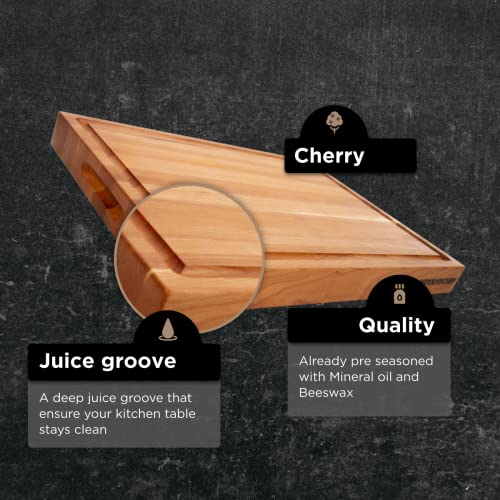 Medium Wood Cutting Board from American Cherry - A Reversible Butcher Block That Comes with Juice Groove for Cutting Meat and Juicy Veggies Easily - Cherry Chopping Board - 16x12x1.5 inches