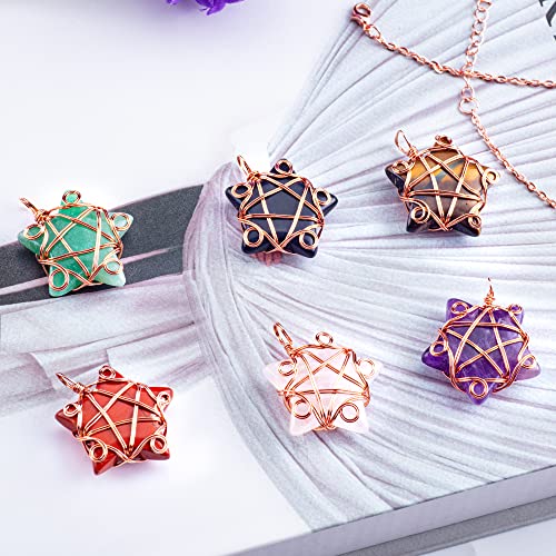 UU UNIHOM Natural Tiger's Eye Quartz Gemstones Five Point Star Necklace Pendant Sliver Gold Wire Wrapped Healing Crystal Necklace Jewelry Crystal Necklaces Pendulum for Women Men