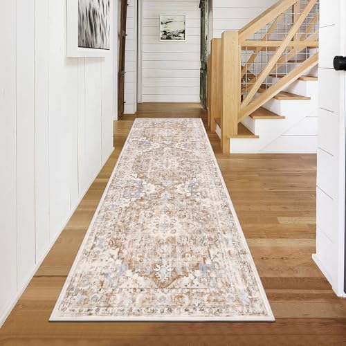 U'Artlines 2' x 6' Boho Hallway Runner Rug, Non Slip Washable Vintage Farmhouse Accent Area Rug Carpet for Kitchen Entryway Laundry and Living Room (Beige Khaki)
