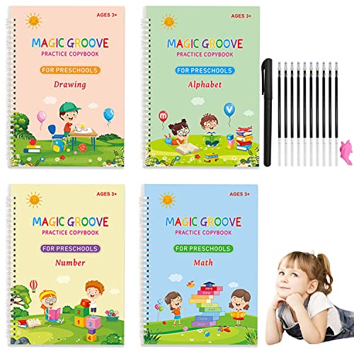 Large Size Magic Grooved Practice Copybook for Kids,Reusable Grooved Handwriting Workbook, Learn to Write Number Letter Tracing,Writing Practice for Kids Age 3-5