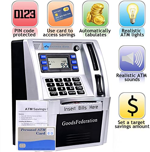 2024 Upgraded ATM Piggy Bank for Real Money for Kids Adults,Toy Money Bank with Card,Password,Coin Recognition,Bill Feeder,Balance Calculator,Electronic Money Safe Coin Box,Hot Gift for Boys Girls