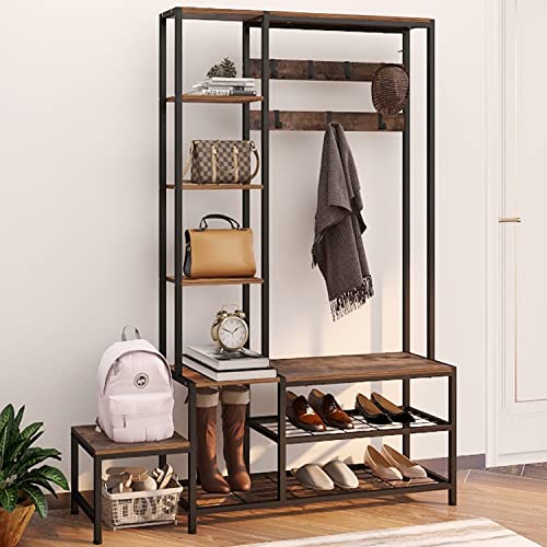 Espelism Hall Tree with Shoe Storage Bench Coat Rack with 7 Hooks Interchangeable 4 Tier Side Storage Shelves Small Cute Side Bench Industrial 5-in-1 Entryway Coat Rack for Hallway Mudroom Bedroom