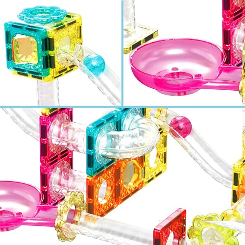 PicassoTiles Magnet Tiles Building Block Travel Size Magnetic Marble Run Construction Toy Set Mini Diamond Marble Racetrack Building Blocks Playset Education STEM Learning Kit Boy Girl 3+ PTMG45