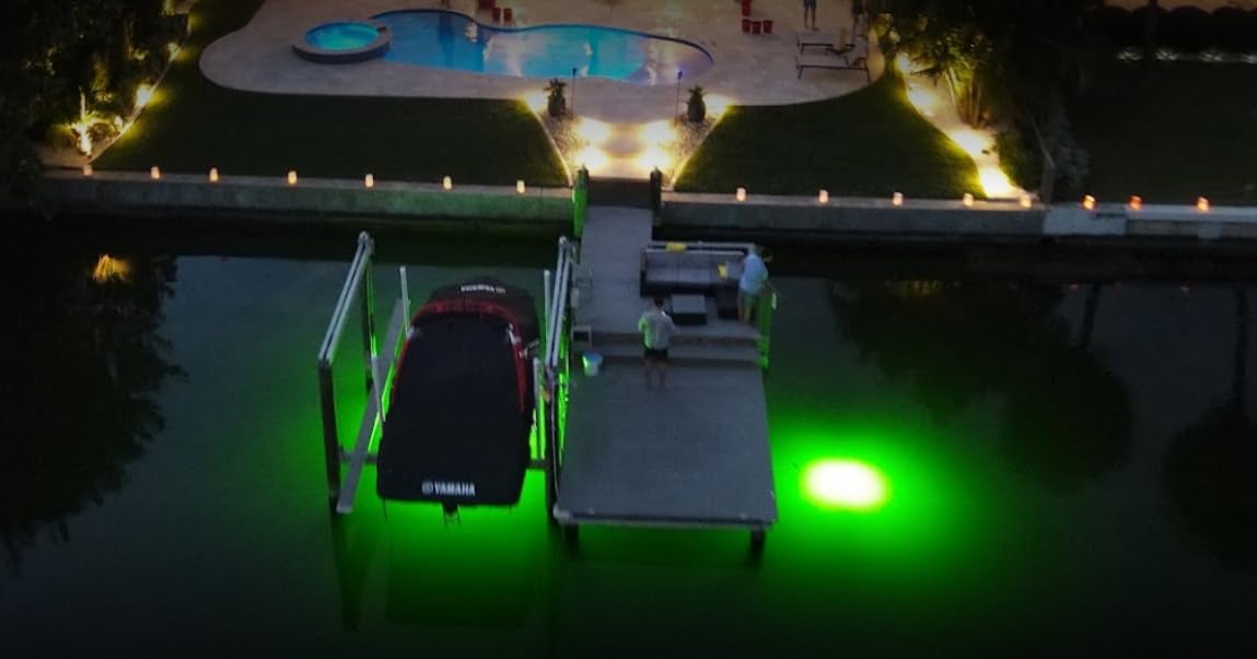Saltwater Approved Barnacle Burner Underwater Fish Light, 250 Watt Extreme Brilliant Green 21,000 Lumens Single Dock Light 50' Marine Grade Lamp Cable, Automatic Dusk to Dawn, Easy Self Installation.