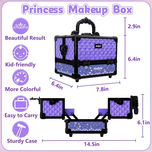 Hollyhi 62Pcs Kids Makeup Kit for Girl, Washable Play Makeup Toys Set for Dress Up, Beauty Vanity Set with Cosmetic Case Birthday Toys for Girls 3 4 5 6 7 8 9 10 11 12 Year Old Kids Toddlers (Purple)