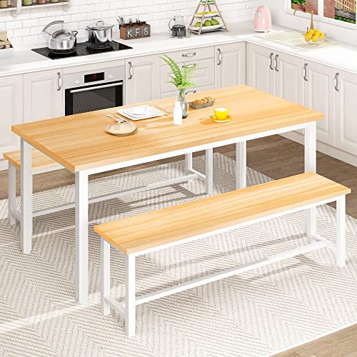 Lamerge Kitchen Table Set with 2 Benches 4 Person Dining Room Table Set for Home Kitchen, Dining Room, Restaurant, Space Saving, Beige, 43.3''L x23.6''W x28.5''H (43S)