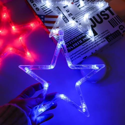 ZhenQiu 4th of July Window Lights 3 Pack Lighted Fourth of July Decorations with Suction Cups, Battery Operated Red White Blue Hanging Star Window Silhouette Lights for Independence Day Decor