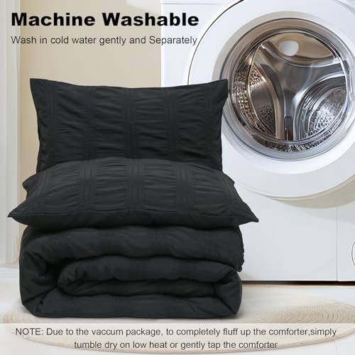 PHF Soft Seersucker Comforter Set Queen Size, 3 Pieces Lightweight Black Bedding Set for All Season, Breathable Comforter Sets with 1 Comforter and 2 Pillowcases