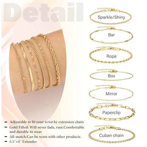 Dainty Gold Bracelets for Women Trendy Gold Link Chain Bracelet Set Figaro Paperclip Herringbone Teen Girl Gifts Christmas Jewelry 14k 18k Gold Plated Bracelets Stack