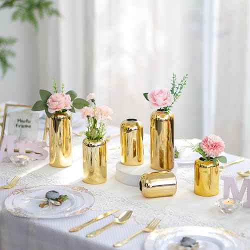 Glasseam Gold Bud Vases for Centerpieces: Modern Blown Glass Vases for Flowers Cute Small Vase Set of 3 Golden Decorative Flower Vase Decor Mini Centerpiece for Wedding Table Dining Room Decorations