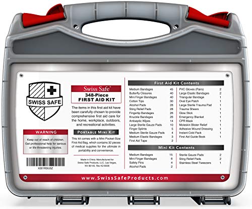Swiss Safe 2-in-1 First Aid Kit for Car, Travel & Home, Businesses - Bonus Mini Kit for Medical Emergency Aid, Survival, Camping - FSA & HSA Eligible - 348 Piece, 1 Pk - Red - Large Hardcase