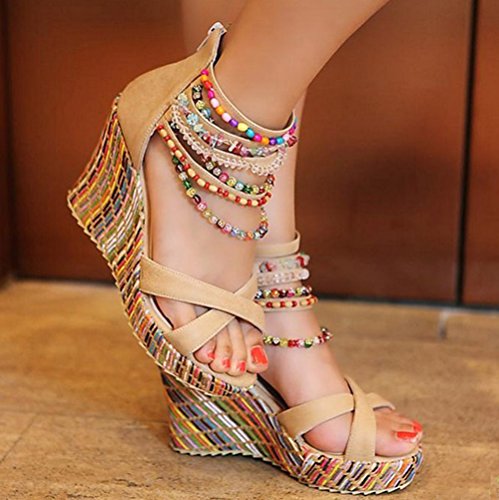 getmorebeauty Women's Wedge Sandals Diamond Across The Top Platform High Heels（US 6 BEIGE）