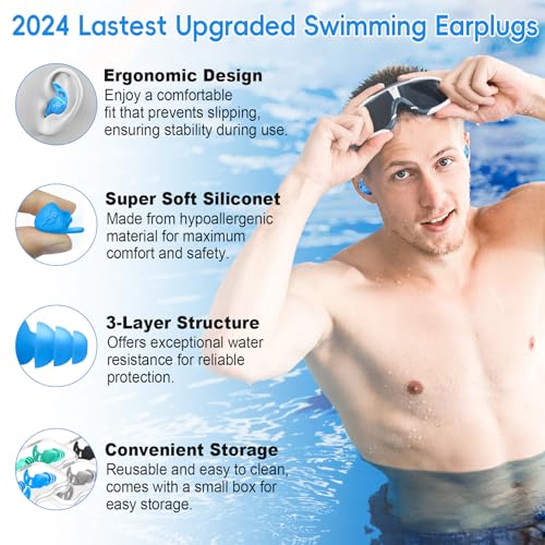 Waterproof Swimming Ear Plugs for Adults - 4 Pairs of Reusable Soft Silicone Swim Earplugs,Perfect for Surfing, Diving,Pool,Showering and Other Water Sports - Keep Water Out and Ear Protection