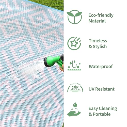 GENIMO Outdoor Rug 4x6 Waterproof, Reversible Mats, Outdoor Area Rug, Plastic Outside Carpet, Eeometric Rv Mat for Patio Camping Rv Picnic Backyard Deck Balcony Porch Beach (Navy Blue & White)
