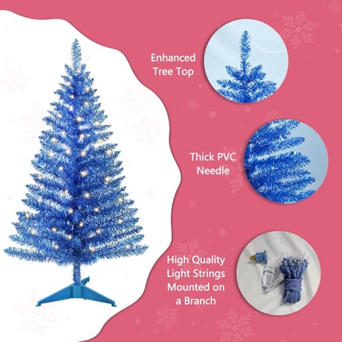 4ft Lighted Artificial Blue Christmas Tree | Leeheeyee Small Xmas Tree, Not Pre-lit Blue Tinsel Pine Trees with Lights, Ideal for Home, Office, and Xmas Party Décor