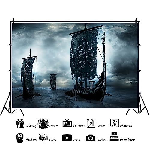 AOFOTO 15x8ft Three Pirate Sailing Ship at Ocean Night Backdrop Happy Halloween Party Decorations Fantasy Galleon Viking Dark Magical Evil Corsair Sea Rover Background Photo Studio Props Vinyl