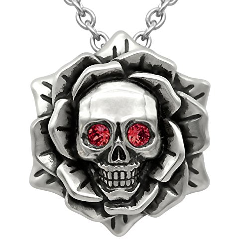 Skull Rose Birthstone Necklace With Crystal 17" - 19" Adjustable Chain (01-January - Darker Red)