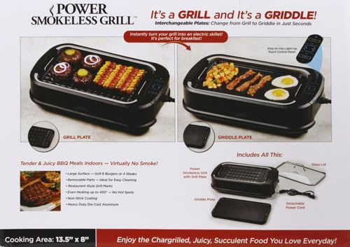 Power XL Smokeless Electric Indoor Removable Grill and Griddle Plates, Nonstick Cooking Surfaces, Glass Lid, 1500 Watt, 21X 15.4X 8.1, black