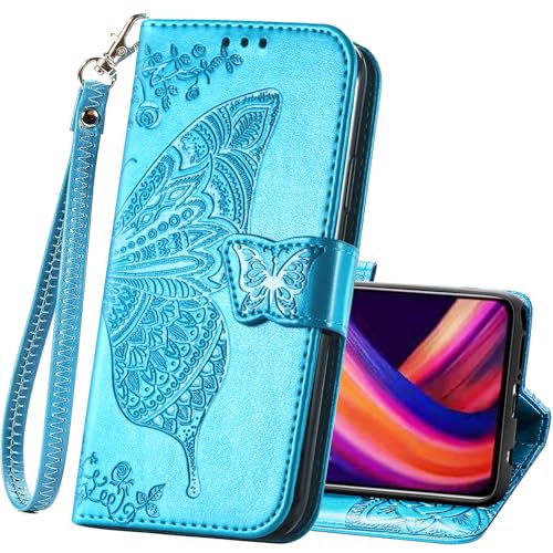 Wallet Case for Samsung Galaxy A25 5G,Women Flip Folio PU Leather Protective Case Wrist Strap Card Slots Holder Purse Emboss Butterfly Flower Stand Flip Case for Samsung Galaxy A25 5G Blue