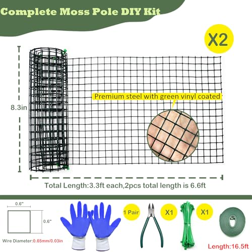 Moss Pole DIY Kit, 6.6/13.2/26.4ft Metal Moss Pole for Plants Monstera, 2Pcs 8.3in×3.3ft Steel Mesh with Plier, Cable Zip Ties, Sphagnum Moss Pole (6.6ft Wire Mesh with Plier)