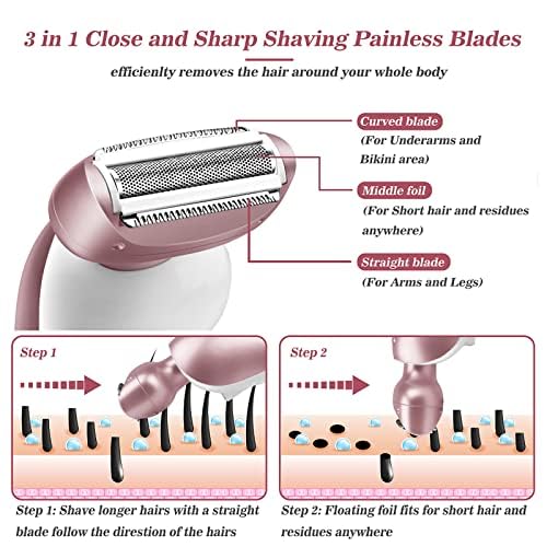 Akunbem Electric Shaver for Women for Legs Bikini Trimmer Electric Razors for Women Underarm Public Hairs Rechargeable Womens Shaver Wet Dry Use Painless Cordless with Detachable Head (Pink)