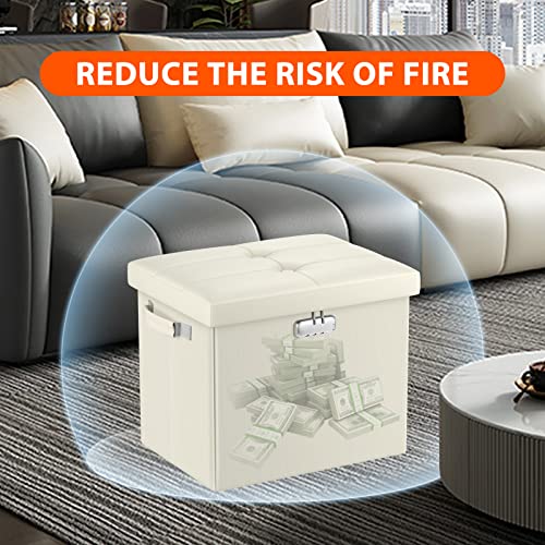 DocSafe Storage Ottoman with Lock,Fireproof＆Waterproof 17 Inches Folding Storage Box with Handles Safe for Important Documents,Leather Storage Ottoman Storage Chest for Living Room,Bedroom,Beige