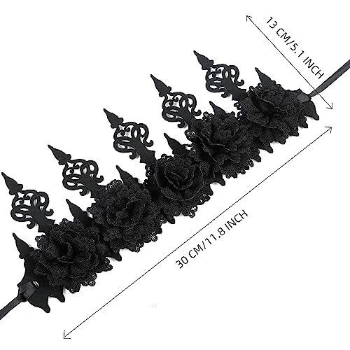 WOVOWOVO Black Rose Flower Crown for Women Girls Halloween Gothic Floral Headbands Hair Accessories Adjustable Queen Tiara Headpiece with Ribbon for Festival Party Photo Prop