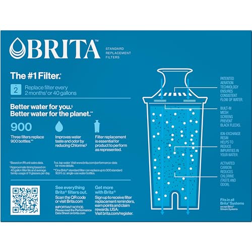 Brita Plus Water Filter, BPA-Free, High-Density Replacement Filter for Pitchers and Dispensers, Reduces 2x Contaminants*, Lasts Two Months or 40 Gallons, Includes 3 Filters