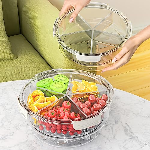 caktraie Condiment Tray [with 360° Rotating Tray Turntable] Stainless Steel 5 Spoons, 5 Forks and 1 Clip, Bar Ice Fruit Holder, Condiment Server, Compartment Tray with Lid