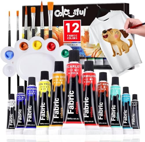 Colorful Fabric Paint Set for Clothes with 6 Brushes, 1 Palette, 12 Colors - Permanent Textile Paint Puffy Paint Kit for Shoes, Canvas - Non-Toxic Slick Painting Set for Adults, Beginner & Artists…