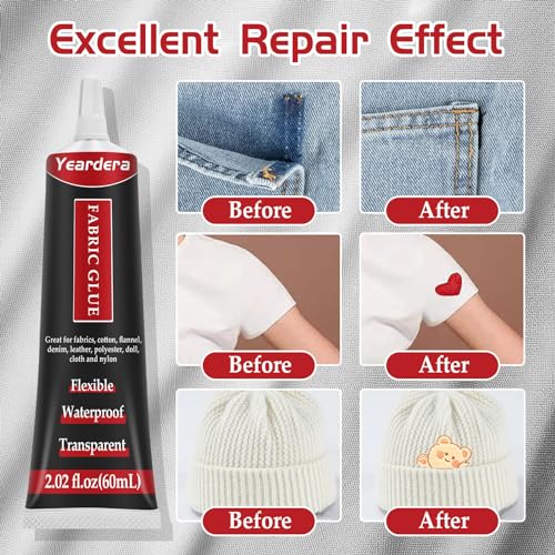 Yeardera Fabric Glue, Clear Fabric Glue for Clothing Permanent Washable, Fabric Fusion Glue for All Fabrics, Clothes, Leather, Cotton, Flannel, Denim, Polyester, Doll Repair (Fabric Glue 2 Pack)