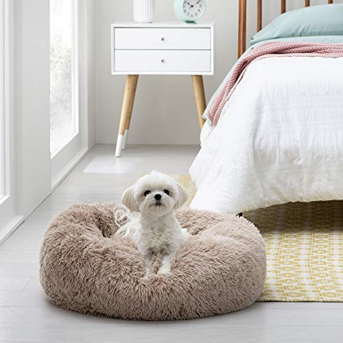 Brindle Donut Cuddler Pet Bed - Calming Anti-Anxiety Dog and Cat Bed - Plush Cozy and Washable Bed - Ergonomic Support, Small, Taupe