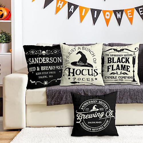 Halloween Decorations Pillow Covers 16x16 Set of 4 Halloween Decor Hocus Pocus Farmhouse Saying White Black Outdoor/Indoor Fall Pillow Covers Decorative Cushion Cases for Home Sofa Couch Bed Chair