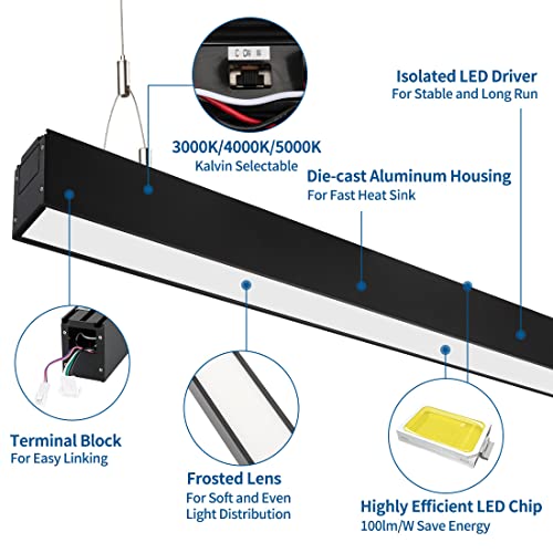 DAKASON 4FT Linkable LED Linear Light, 35W Down 15W Up Light, 3/4/5000K CCT Selectable, Dimmable Suspended Lighting for Billiard Pool Table, Commercial Linear Lighting Fixture for Office, 1Pack Black