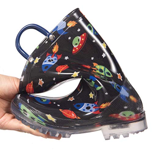 HugRain Toddler Boys Rain Boots Little Kids Baby child Light Up Waterproof Rubber Shoes Printed Mud Lightweight Adorable with Easy-On Handles Non Slip Sole Crane Excavator Blue Size 6
